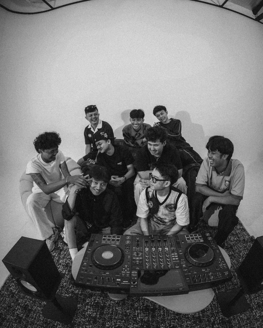 The Spinral crew gathered around the decks, fisheye shot